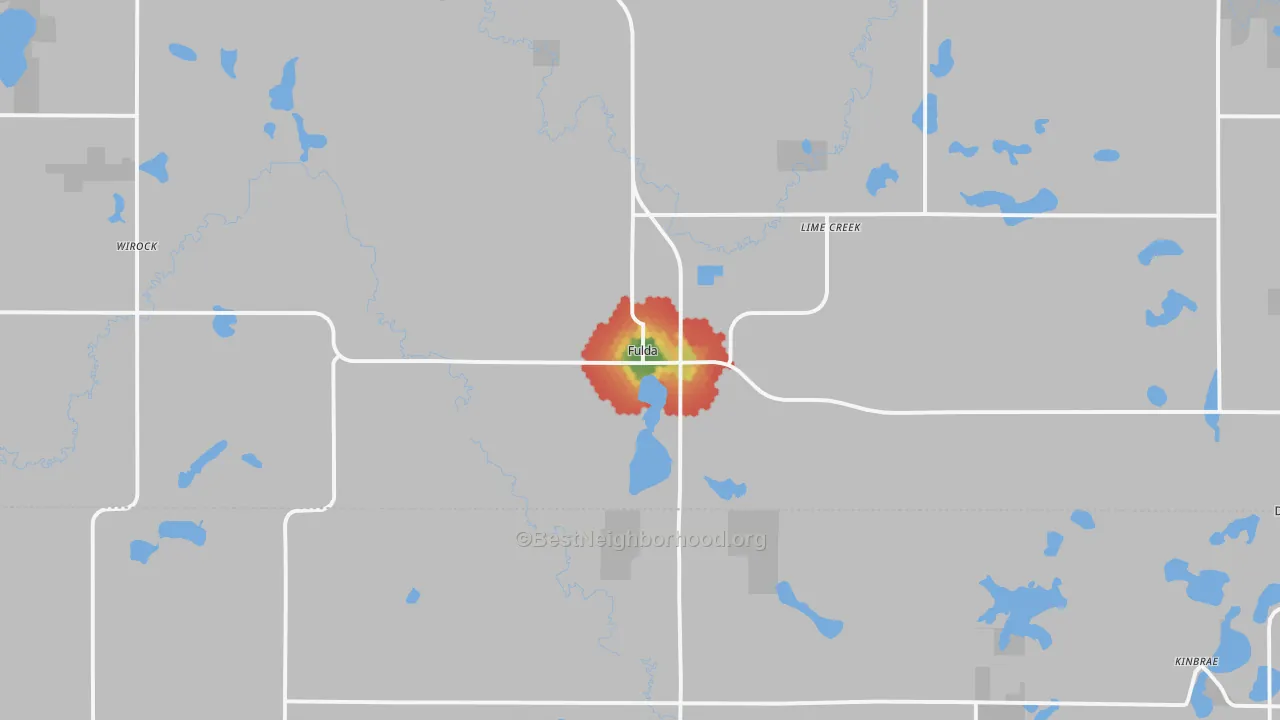 Walk Grade map of Fulda, MN, walkable areas in green and car-dependent areas in red