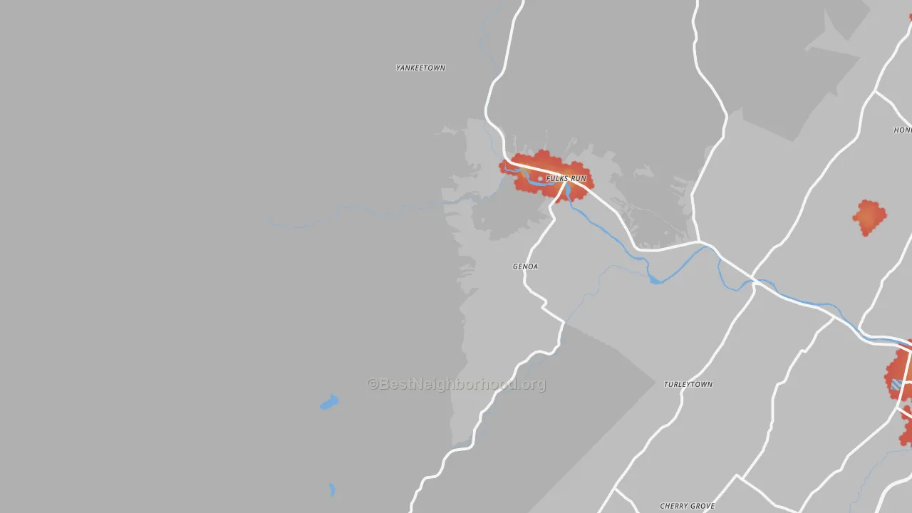 Walk Grade map of Fulks Run, VA, walkable areas in green and car-dependent areas in red
