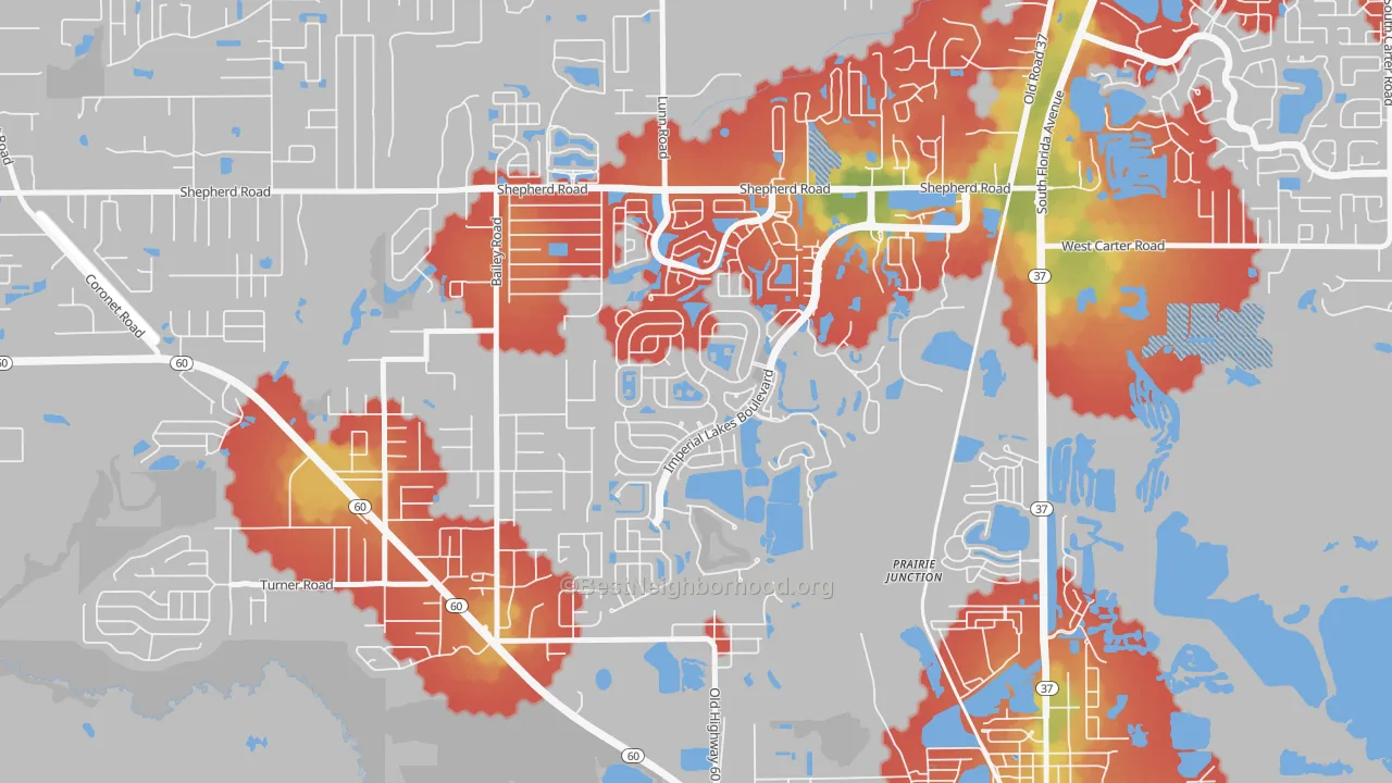 Walk Grade map of Fuller Heights, FL, walkable areas in green and car-dependent areas in red