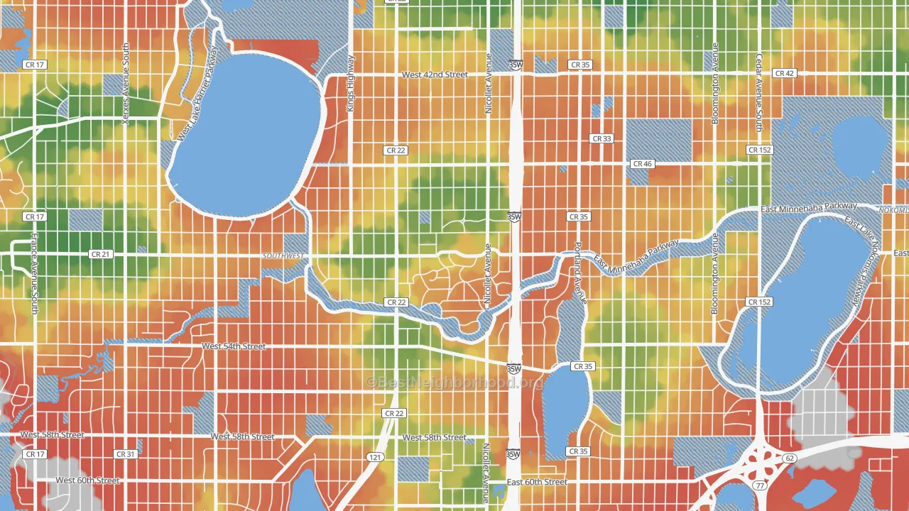 Walk Grade map of Fuller Tangletown, Minneapolis, MN, walkable areas in green and car-dependent areas in red