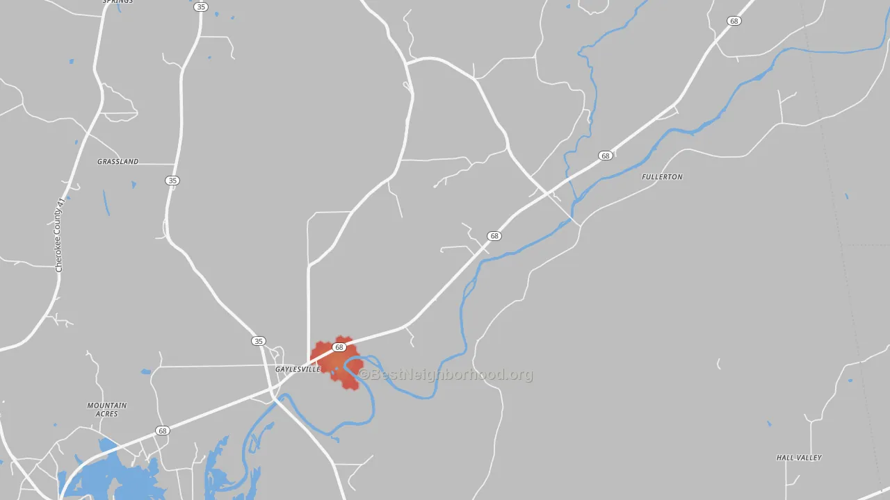 Walk Grade map of Fullerton, AL, walkable areas in green and car-dependent areas in red