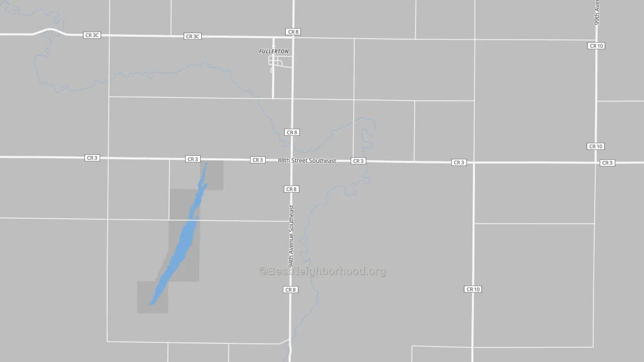 Walk Grade map of Fullerton, ND, walkable areas in green and car-dependent areas in red