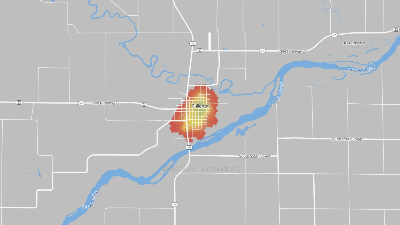Walk Grade map of Fullerton, NE, walkable areas in green and car-dependent areas in red