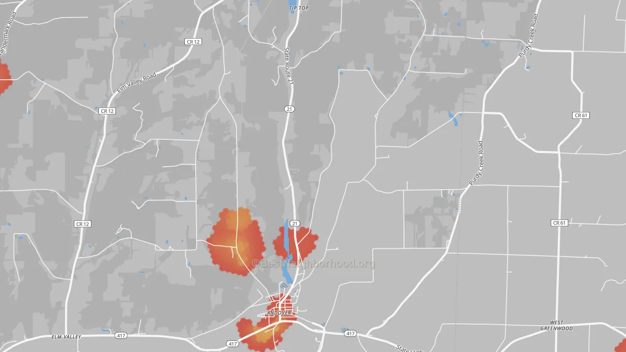 Walk Grade map of Fulmer Valley, NY, walkable areas in green and car-dependent areas in red