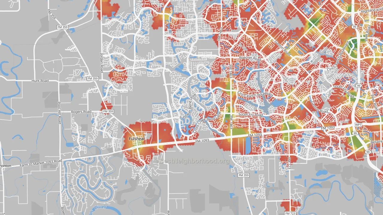 Walk Grade map of Fulshear, TX, walkable areas in green and car-dependent areas in red