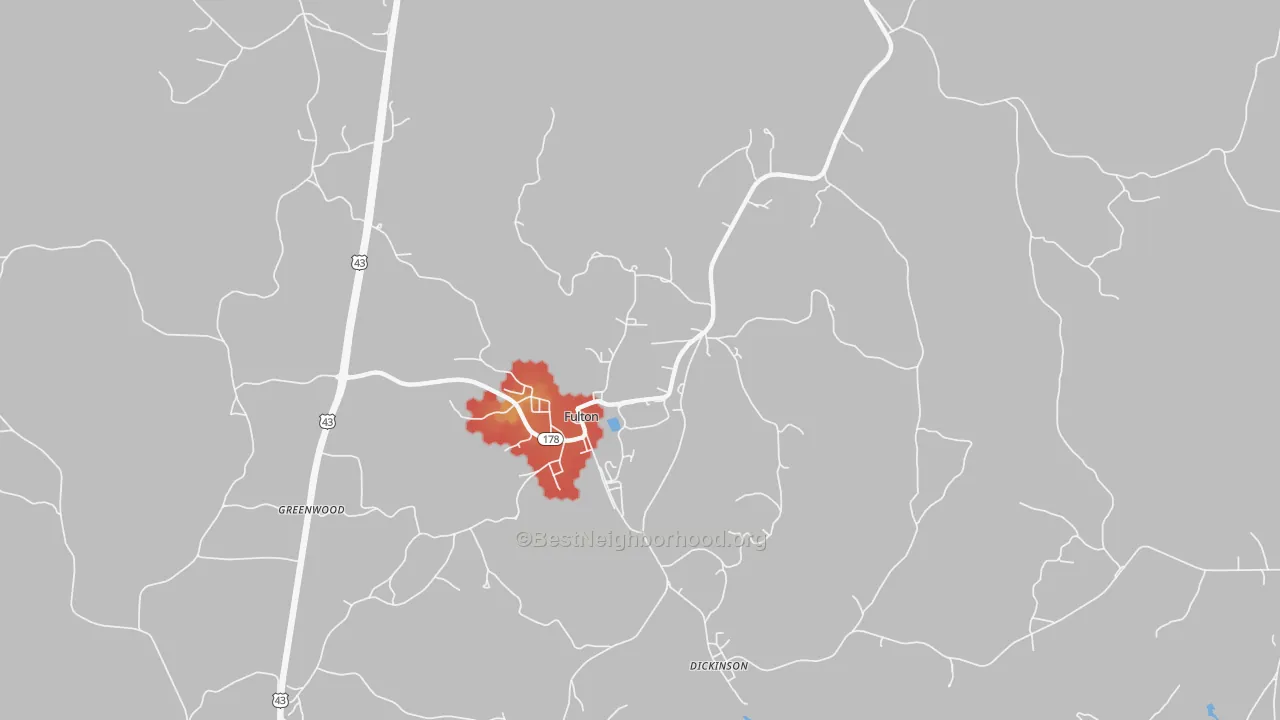 Walk Grade map of Fulton, AL, walkable areas in green and car-dependent areas in red