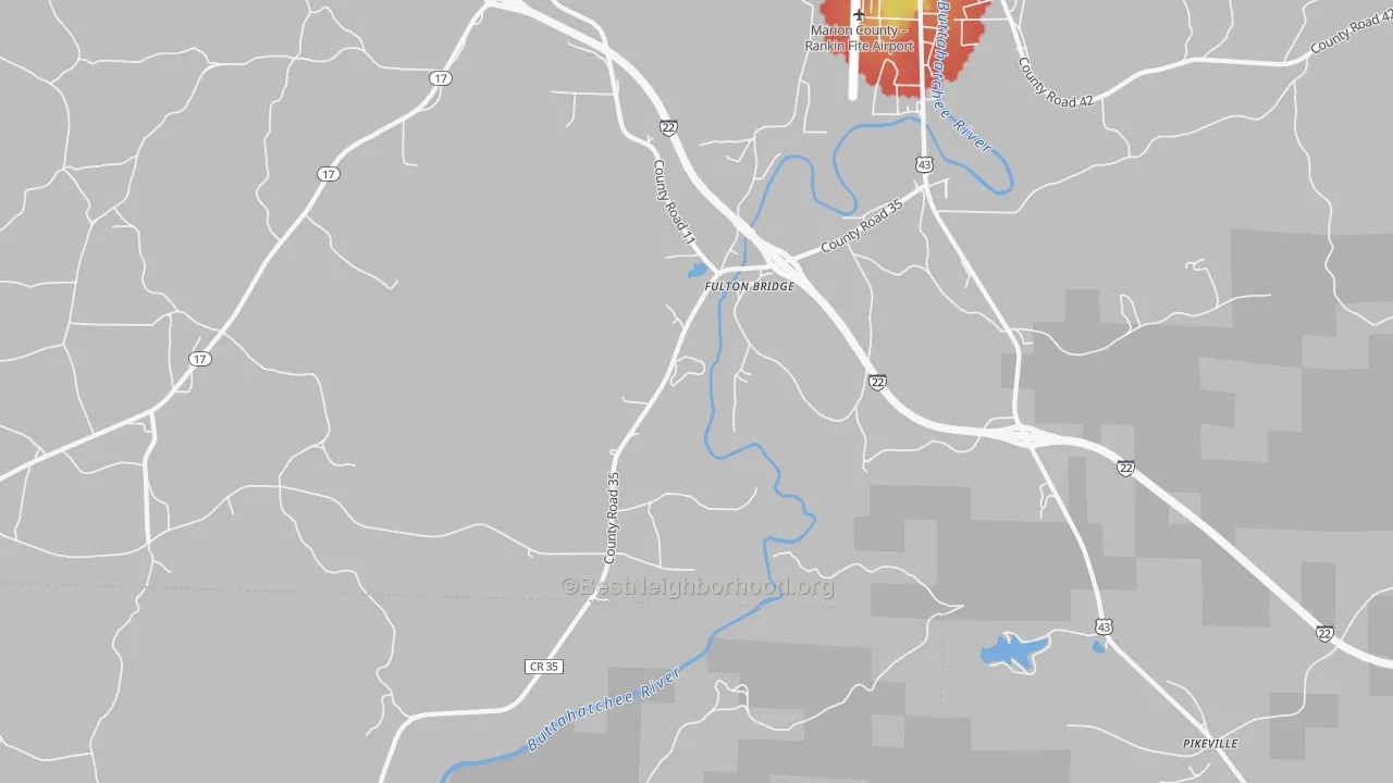 Walk Grade map of Fulton Bridge, AL, walkable areas in green and car-dependent areas in red