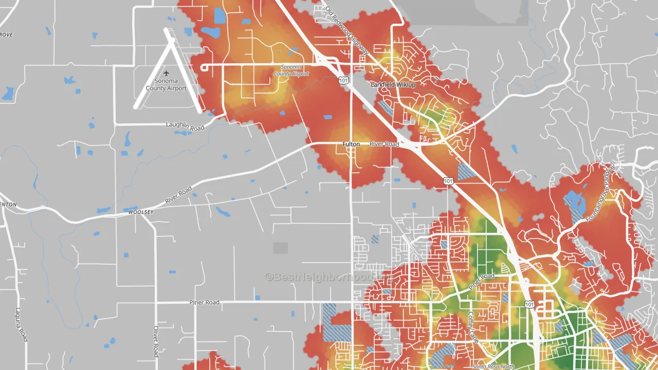 Walk Grade map of Fulton, CA, walkable areas in green and car-dependent areas in red