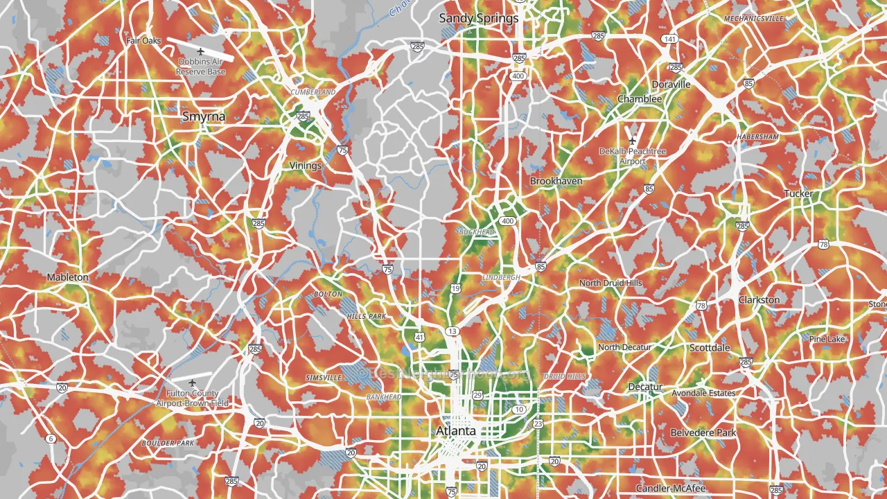 Walk Grade map of Fulton County, GA, walkable areas in green and car-dependent areas in red