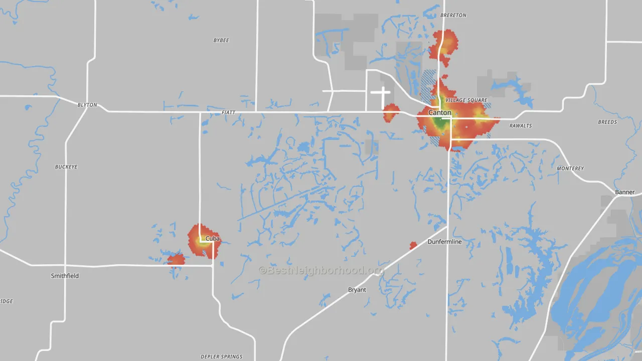 Walk Grade map of Fulton County, IL, walkable areas in green and car-dependent areas in red