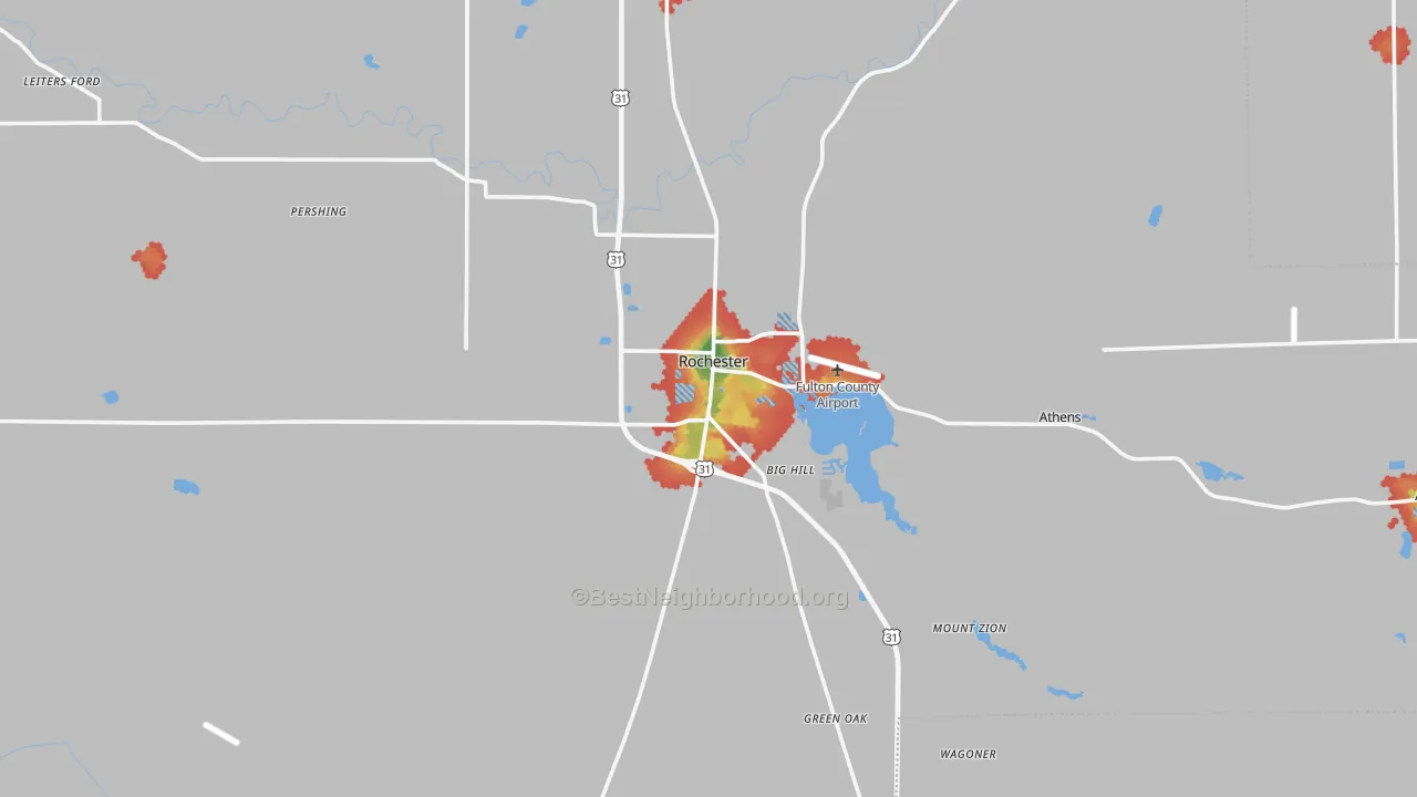 Walk Grade map of Fulton County, IN, walkable areas in green and car-dependent areas in red