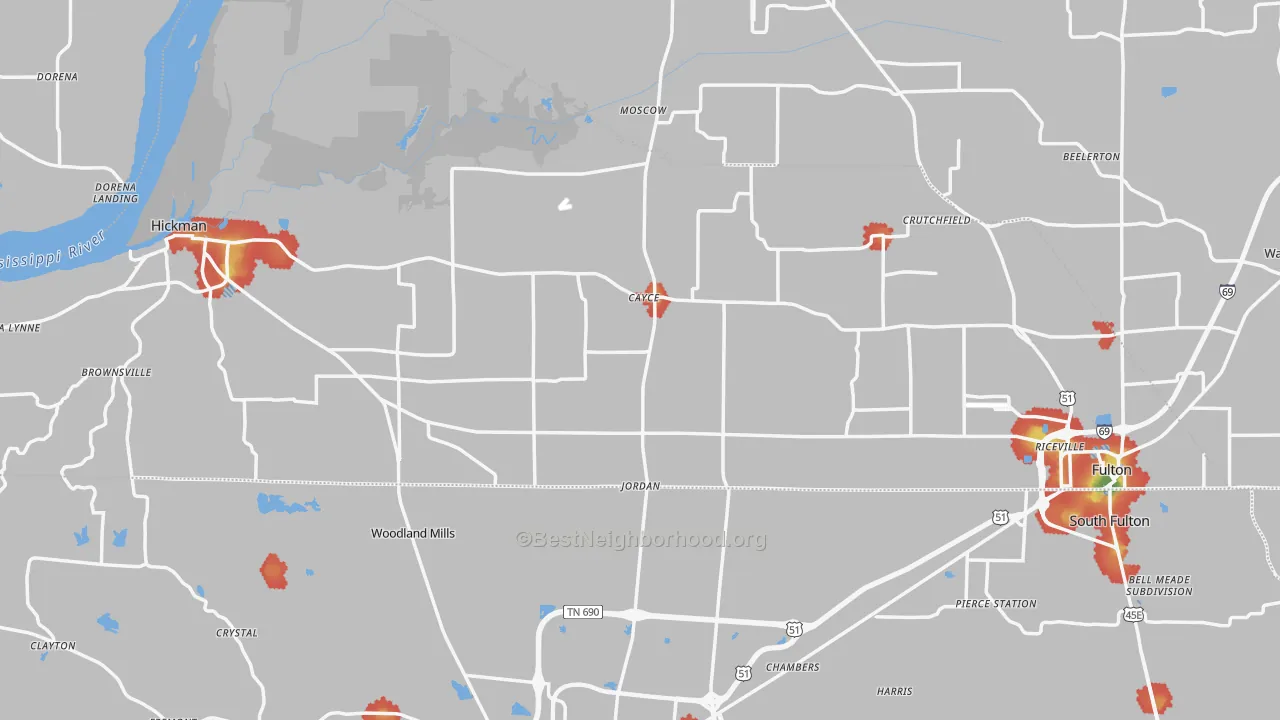 Walk Grade map of Fulton County, KY, walkable areas in green and car-dependent areas in red