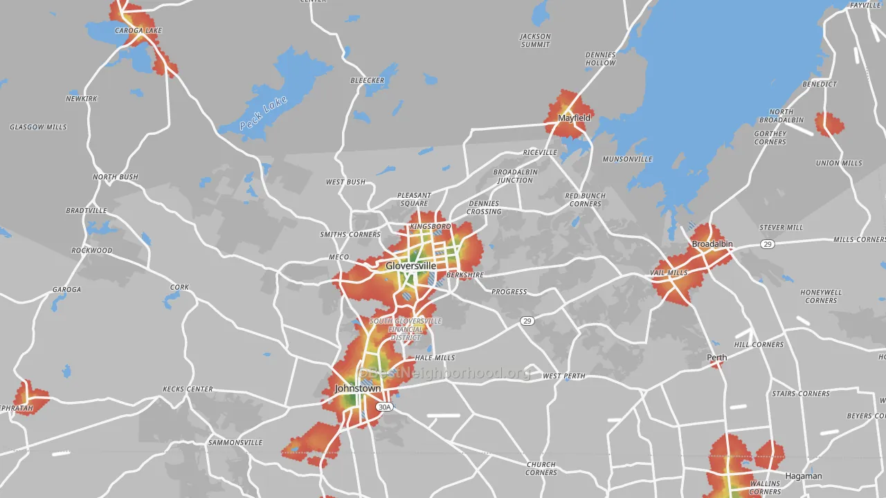 Walk Grade map of Fulton County, NY, walkable areas in green and car-dependent areas in red