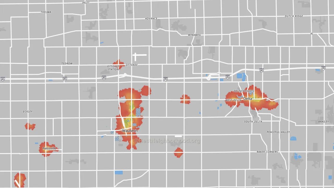 Walk Grade map of Fulton County, OH, walkable areas in green and car-dependent areas in red