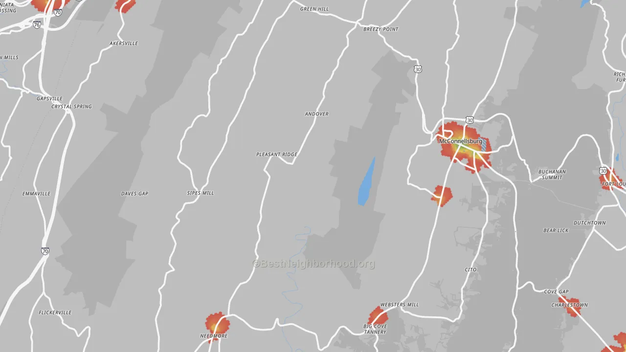 Walk Grade map of Fulton County, PA, walkable areas in green and car-dependent areas in red