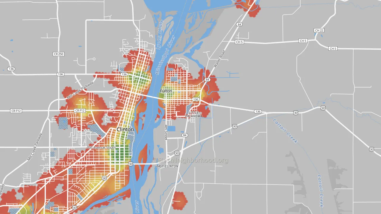 Walk Grade map of Fulton, IL, walkable areas in green and car-dependent areas in red