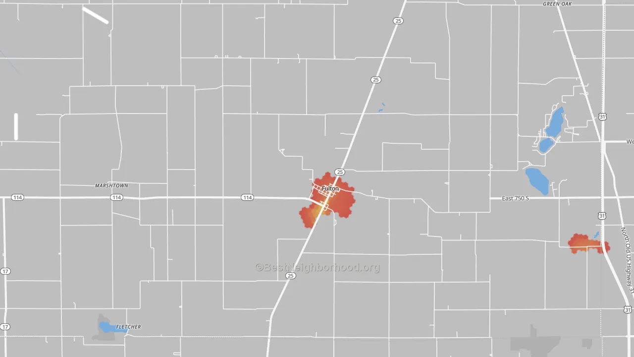 Walk Grade map of Fulton, IN, walkable areas in green and car-dependent areas in red