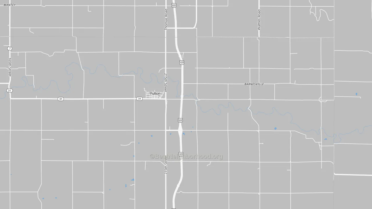 Walk Grade map of Fulton, KS, walkable areas in green and car-dependent areas in red