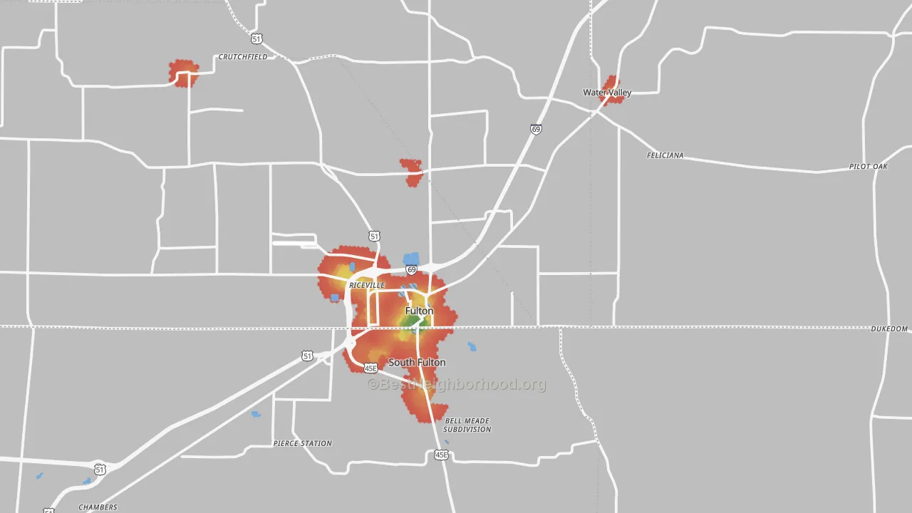 Walk Grade map of Fulton, KY, walkable areas in green and car-dependent areas in red