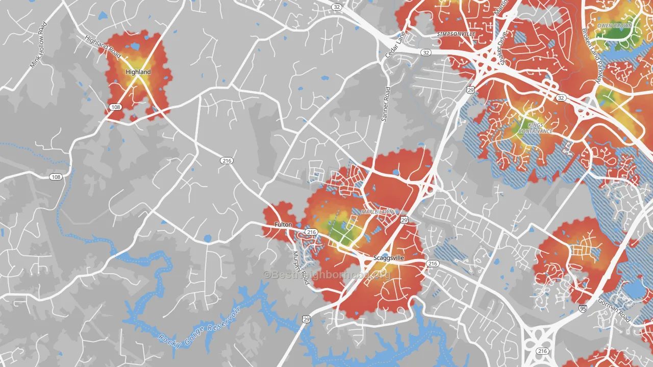 Walk Grade map of Fulton, MD, walkable areas in green and car-dependent areas in red