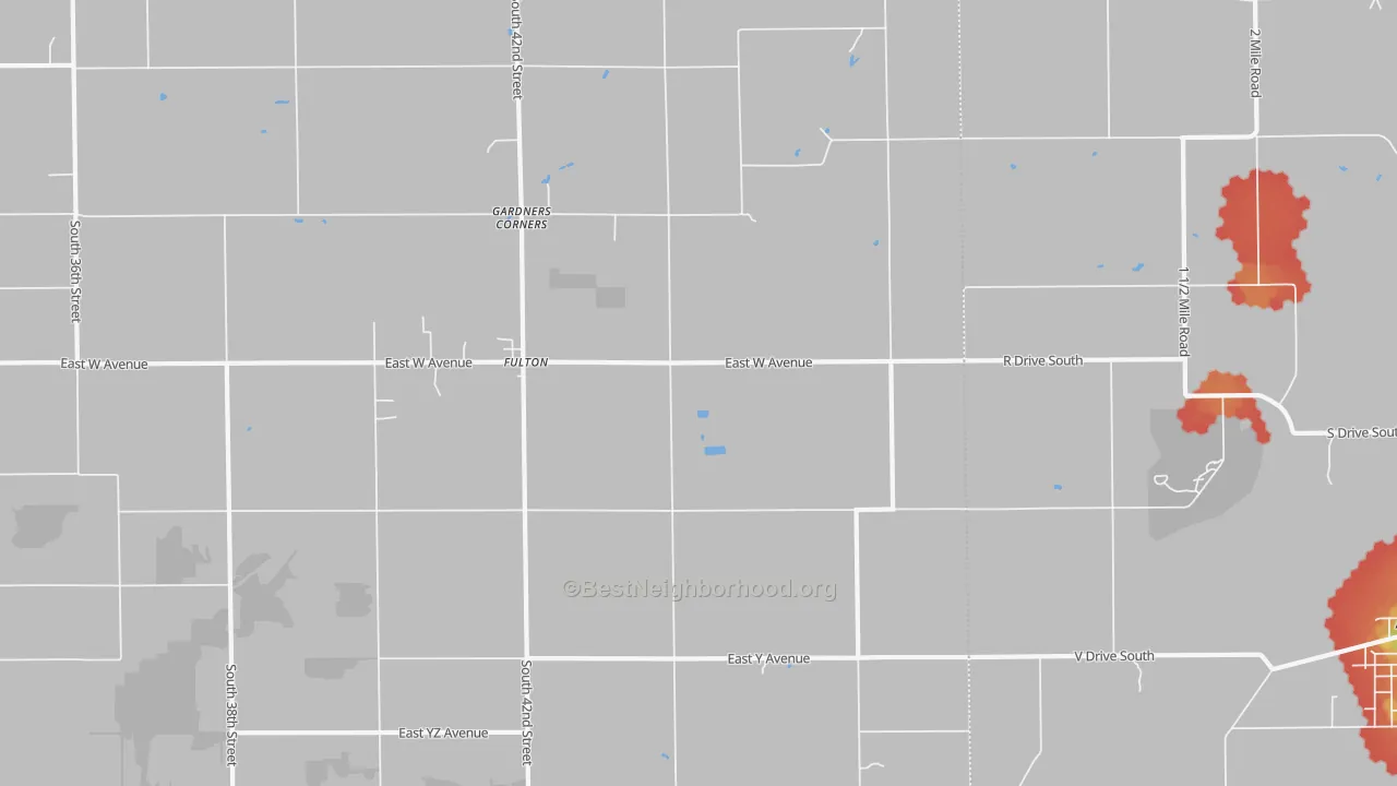 Walk Grade map of Fulton, MI, walkable areas in green and car-dependent areas in red