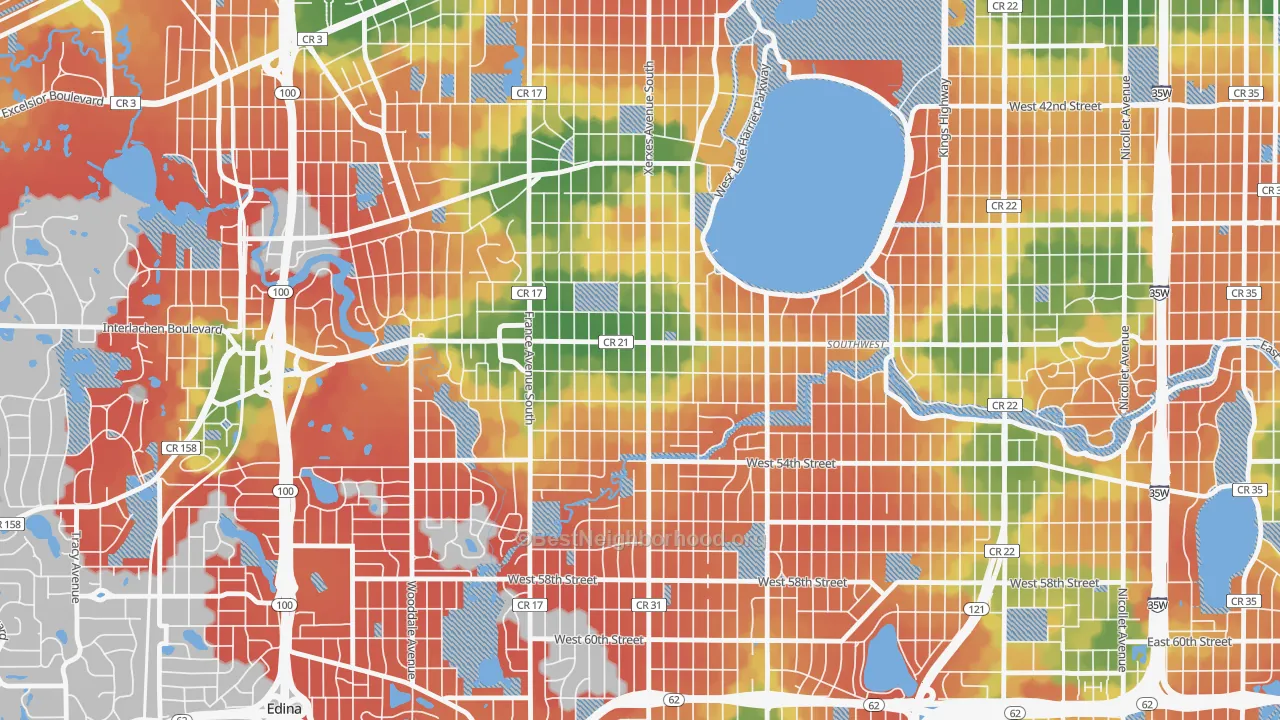 Walk Grade map of Fulton, Minneapolis, MN, walkable areas in green and car-dependent areas in red