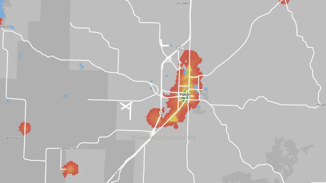Walk Grade map of Fulton, MO, walkable areas in green and car-dependent areas in red