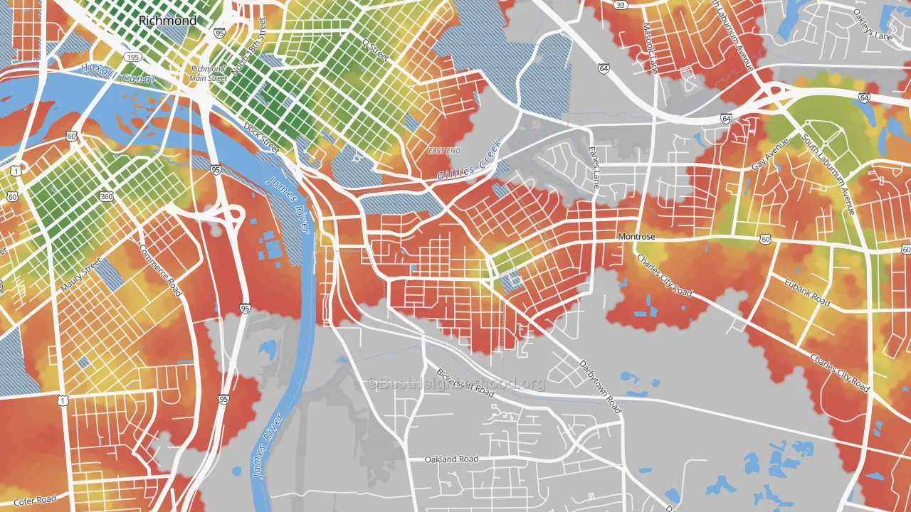 Walk Grade map of Fulton, Montrose Heights, VA, walkable areas in green and car-dependent areas in red