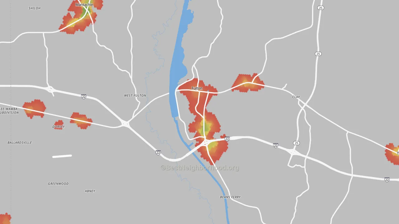 Walk Grade map of Fulton, MS, walkable areas in green and car-dependent areas in red