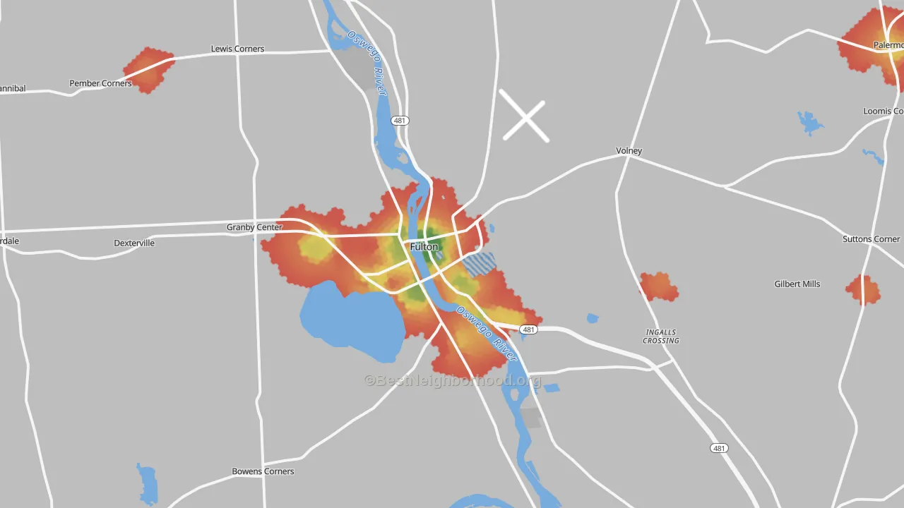 Walk Grade map of Fulton, NY, walkable areas in green and car-dependent areas in red