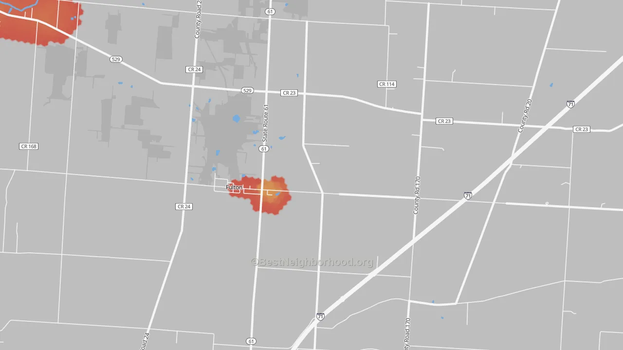 Walk Grade map of Fulton, OH, walkable areas in green and car-dependent areas in red
