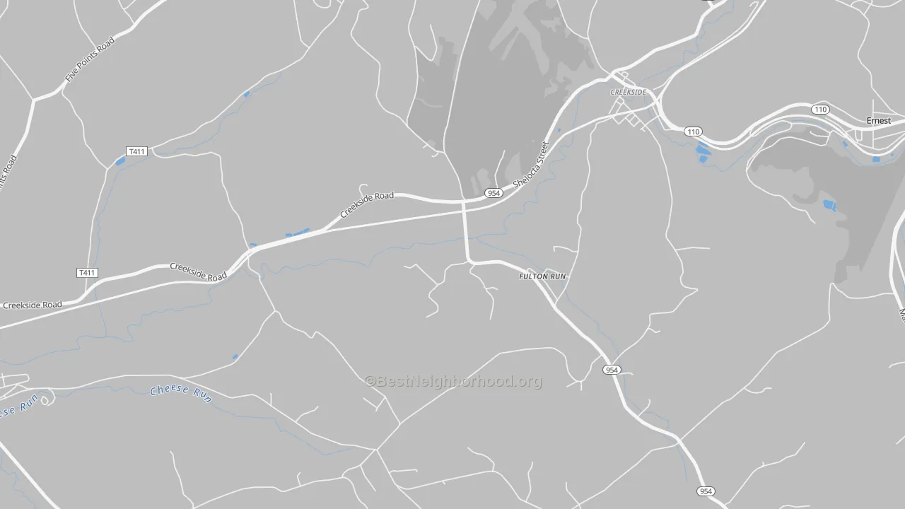 Walk Grade map of Fulton Run, PA, walkable areas in green and car-dependent areas in red