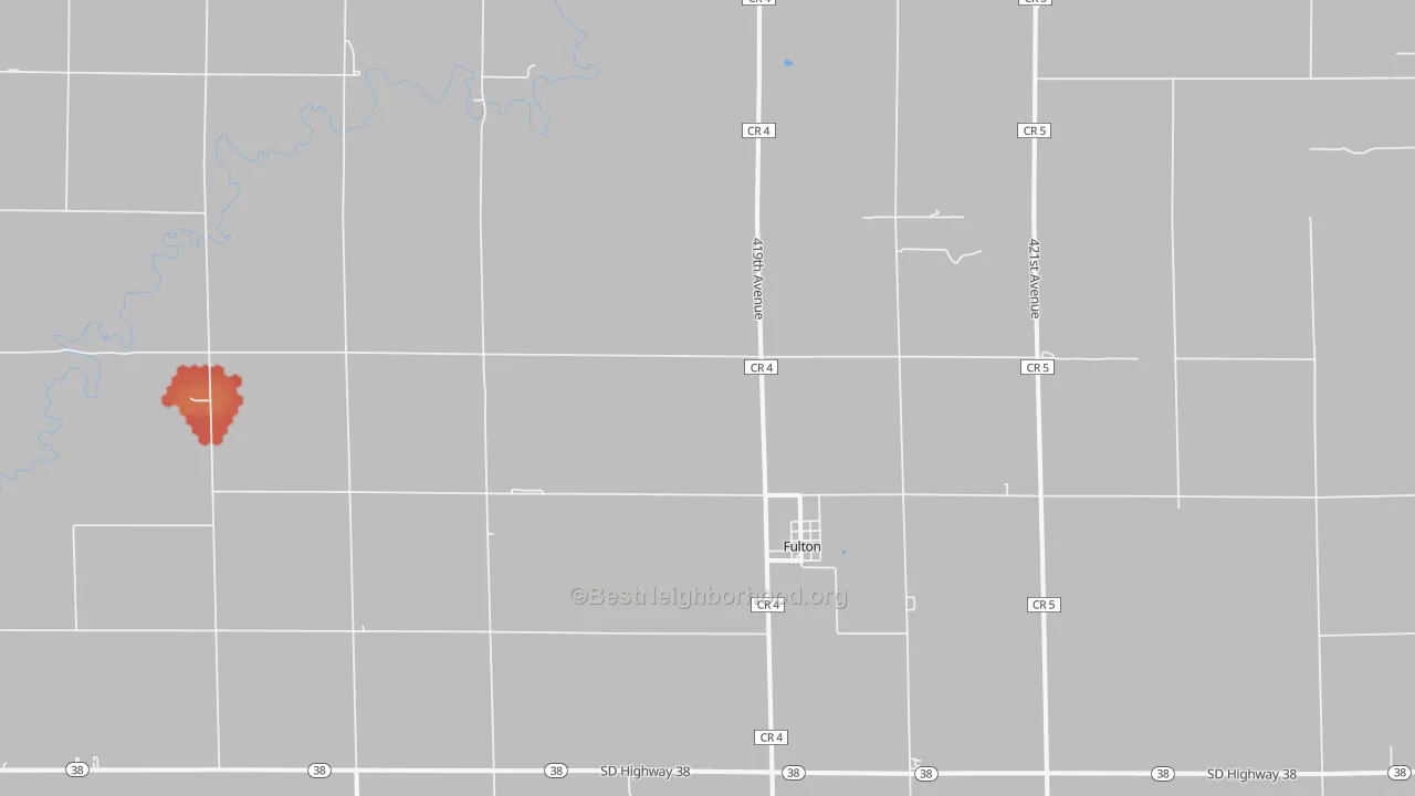 Walk Grade map of Fulton, SD, walkable areas in green and car-dependent areas in red