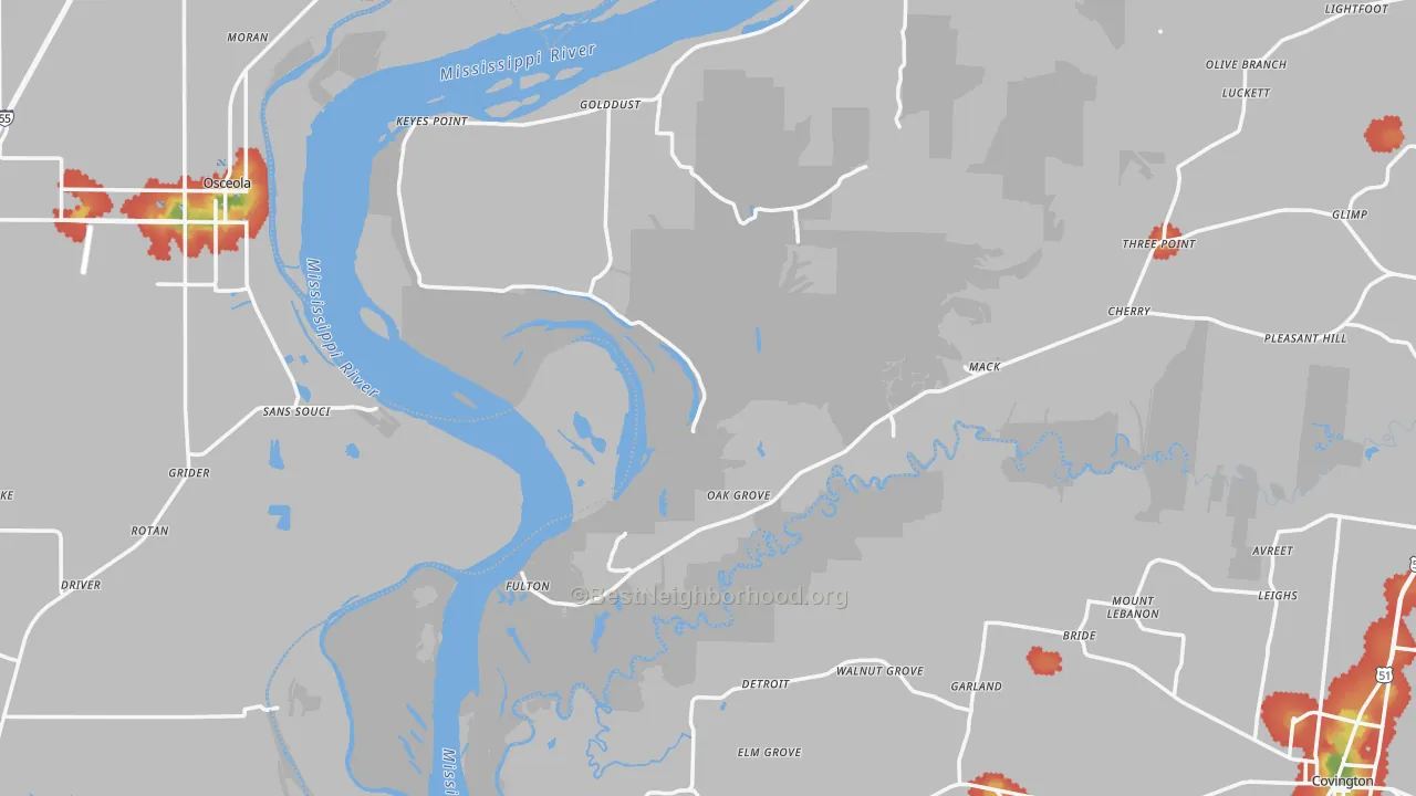 Walk Grade map of Fulton, TN, walkable areas in green and car-dependent areas in red