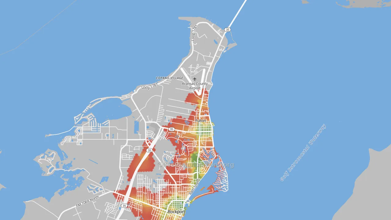 Walk Grade map of Fulton, TX, walkable areas in green and car-dependent areas in red