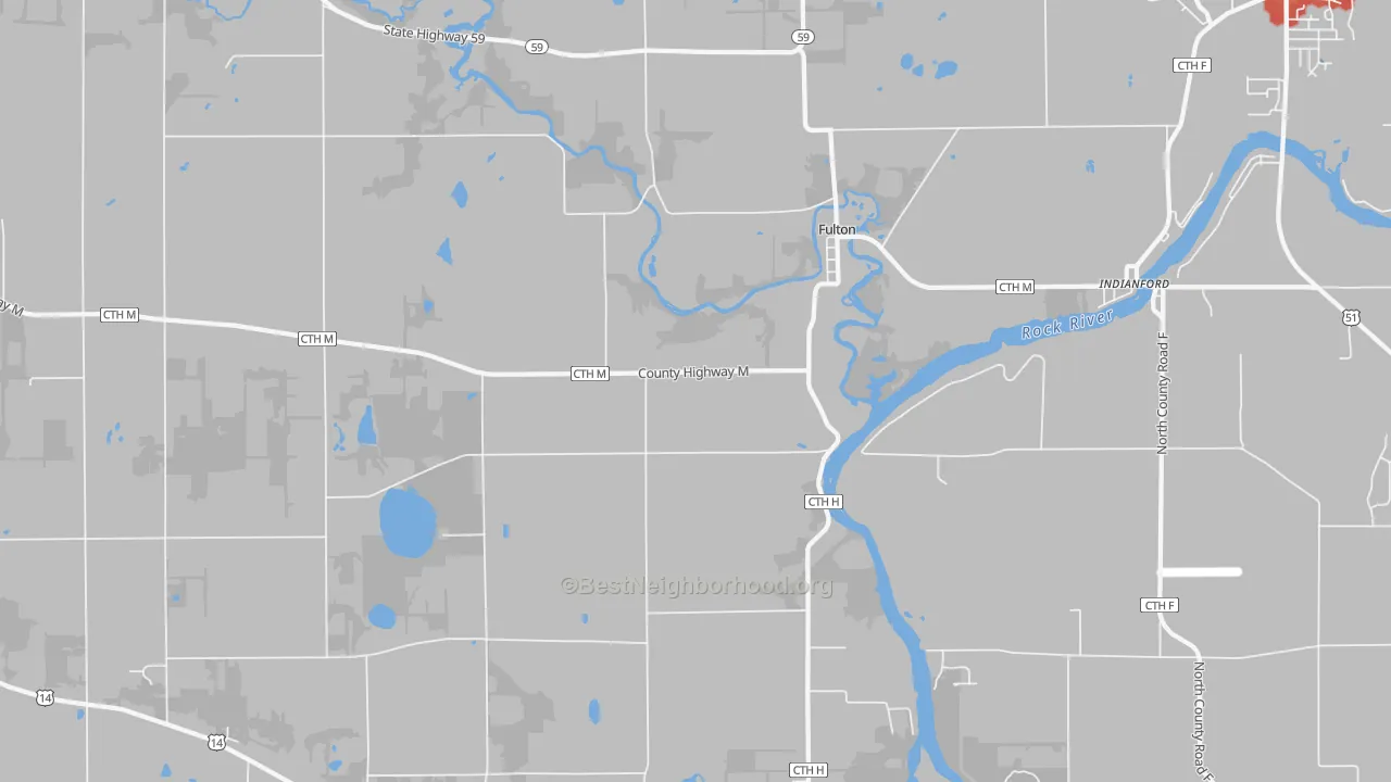 Walk Grade map of Fulton, WI, walkable areas in green and car-dependent areas in red