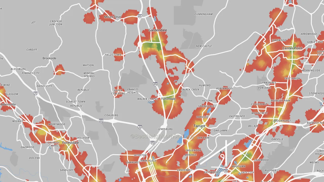 Walk Grade map of Fultondale, AL, walkable areas in green and car-dependent areas in red
