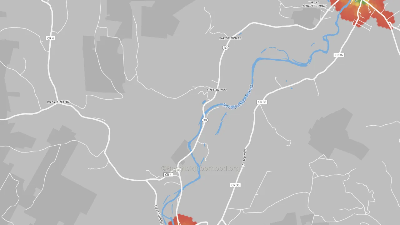 Walk Grade map of Fultonham, NY, walkable areas in green and car-dependent areas in red