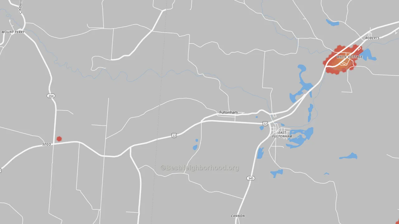 Walk Grade map of Fultonham, OH, walkable areas in green and car-dependent areas in red