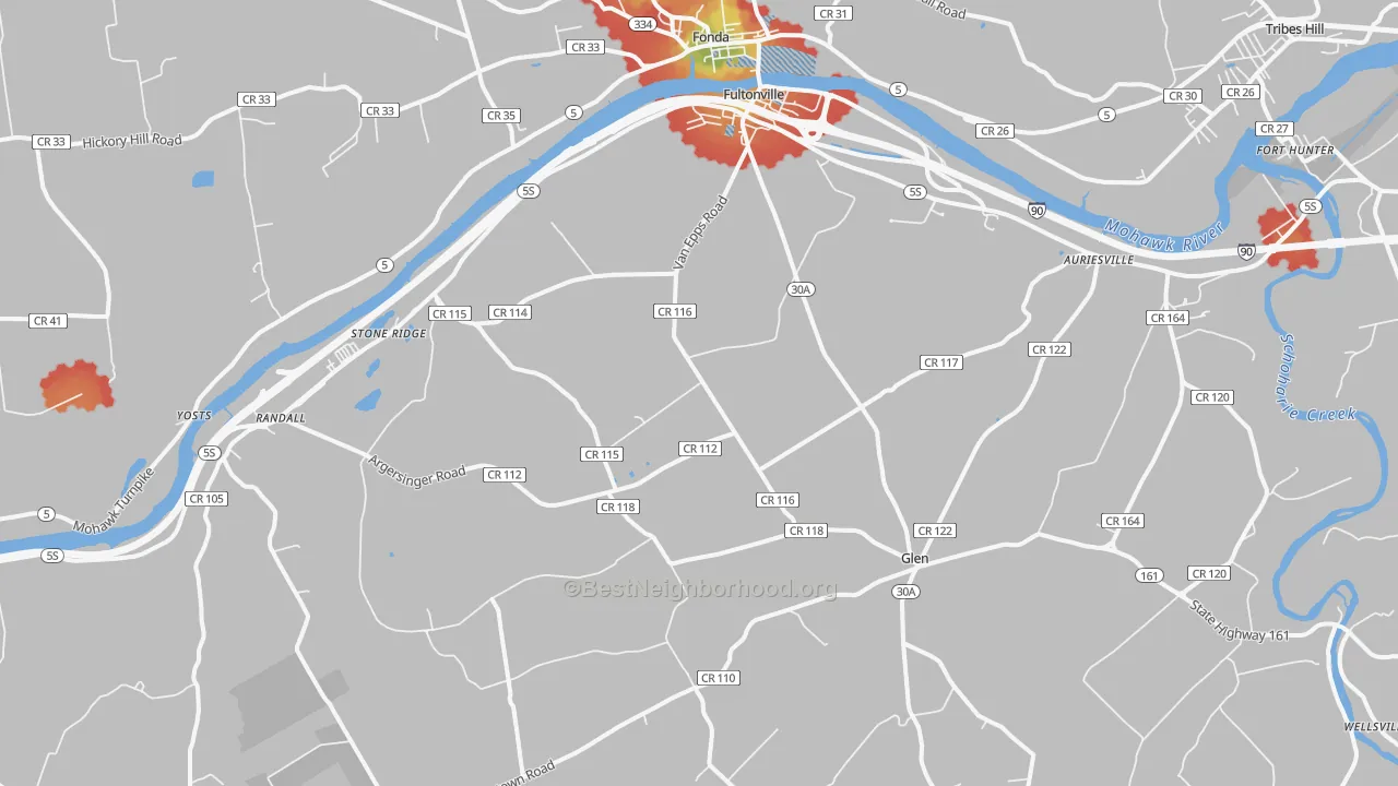 Walk Grade map of Fultonville, NY, walkable areas in green and car-dependent areas in red