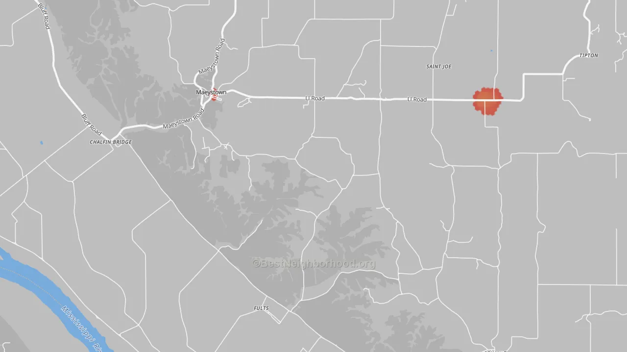 Walk Grade map of Fults, IL, walkable areas in green and car-dependent areas in red