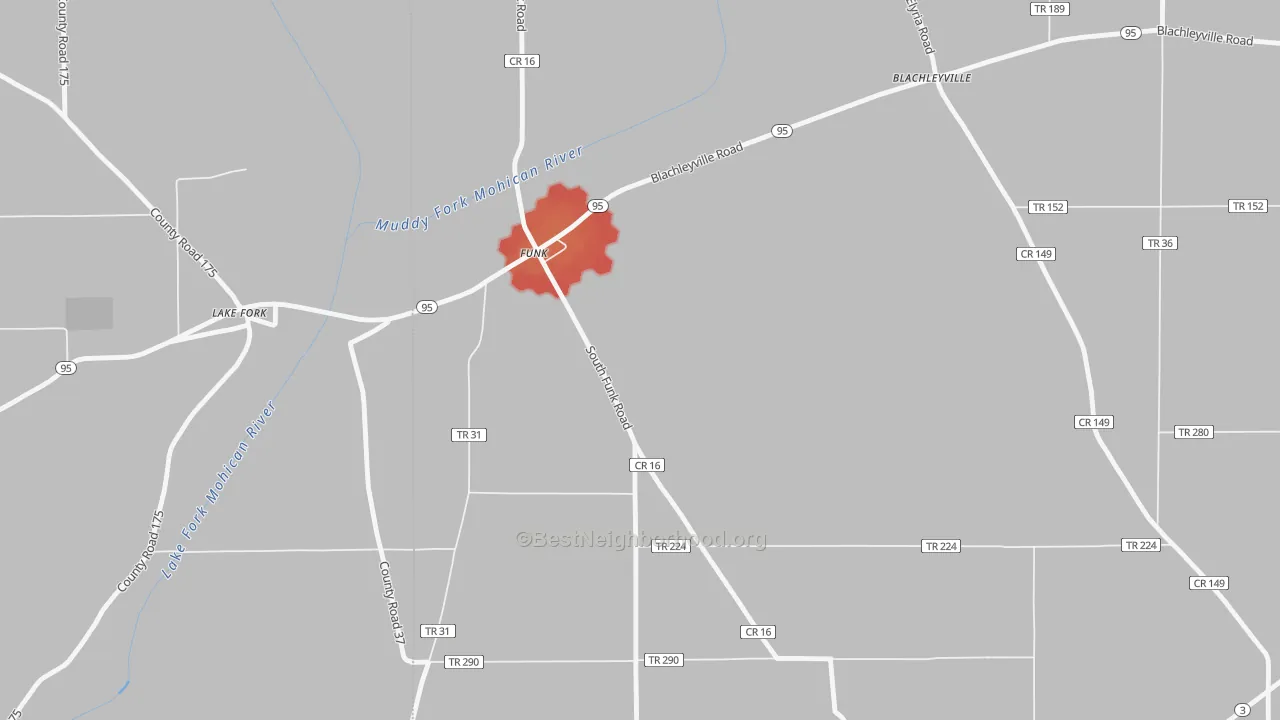 Walk Grade map of Funk, OH, walkable areas in green and car-dependent areas in red