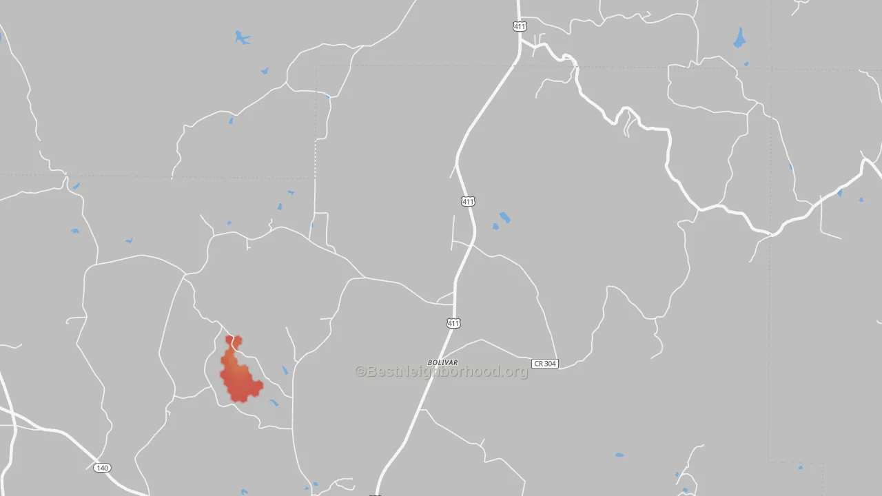 Walk Grade map of Funkhouser, GA, walkable areas in green and car-dependent areas in red