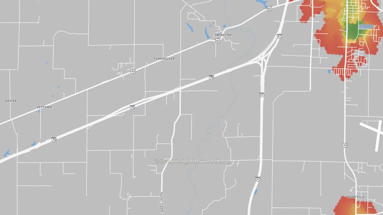 Walk Grade map of Funkhouser, IL, walkable areas in green and car-dependent areas in red