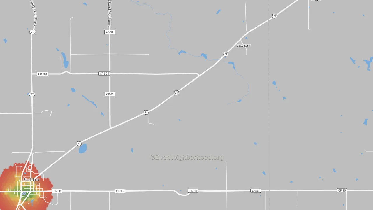 Walk Grade map of Funkley, MN, walkable areas in green and car-dependent areas in red