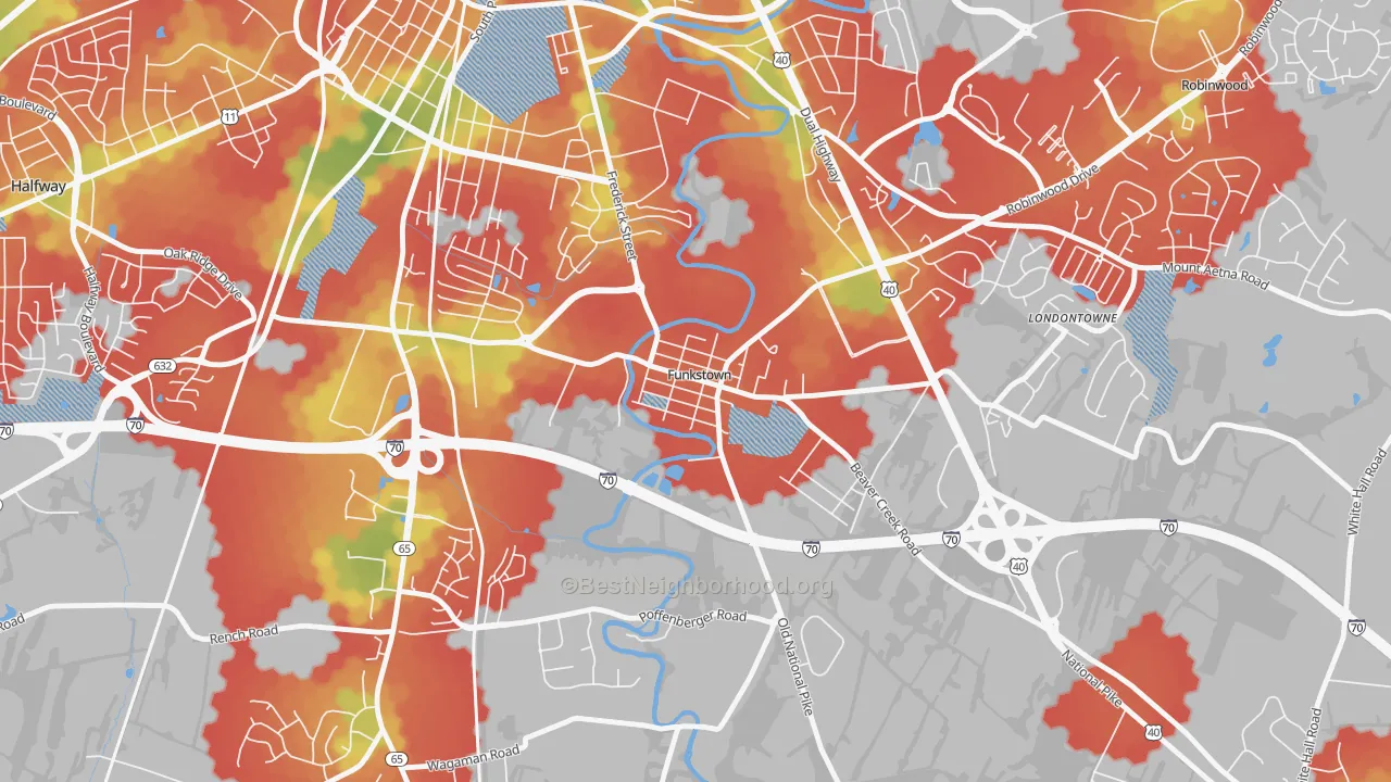 Walk Grade map of Funkstown, MD, walkable areas in green and car-dependent areas in red