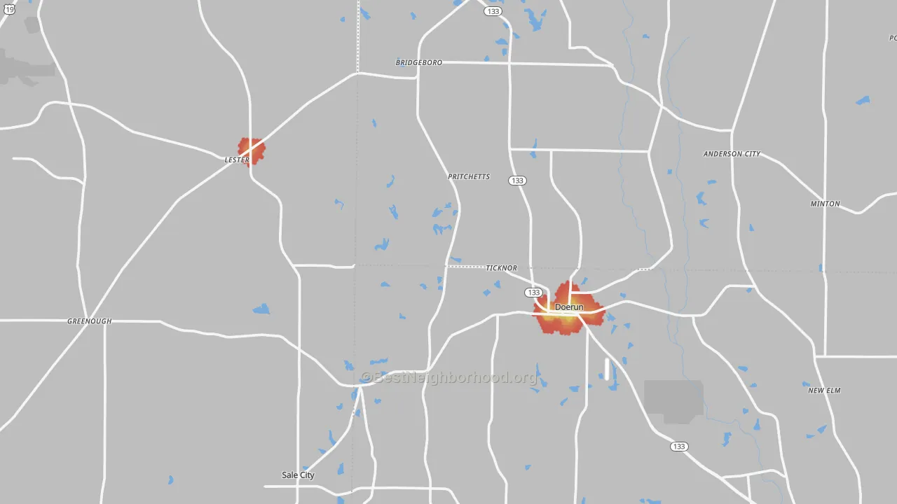 Walk Grade map of Funston, GA, walkable areas in green and car-dependent areas in red