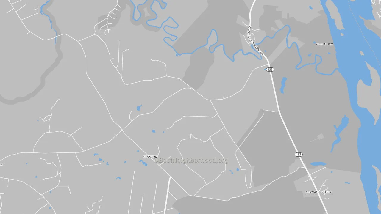Walk Grade map of Funston, NC, walkable areas in green and car-dependent areas in red
