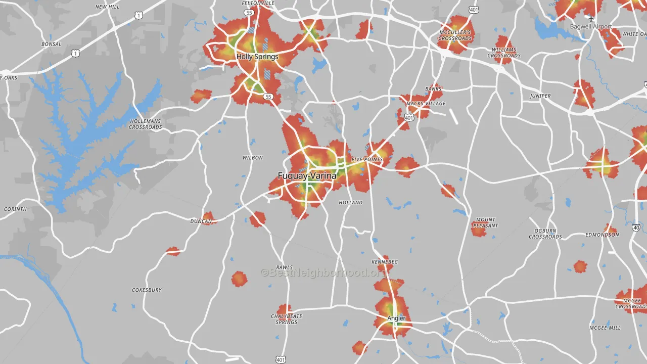 Walk Grade map of Fuquay-Varina, NC, walkable areas in green and car-dependent areas in red