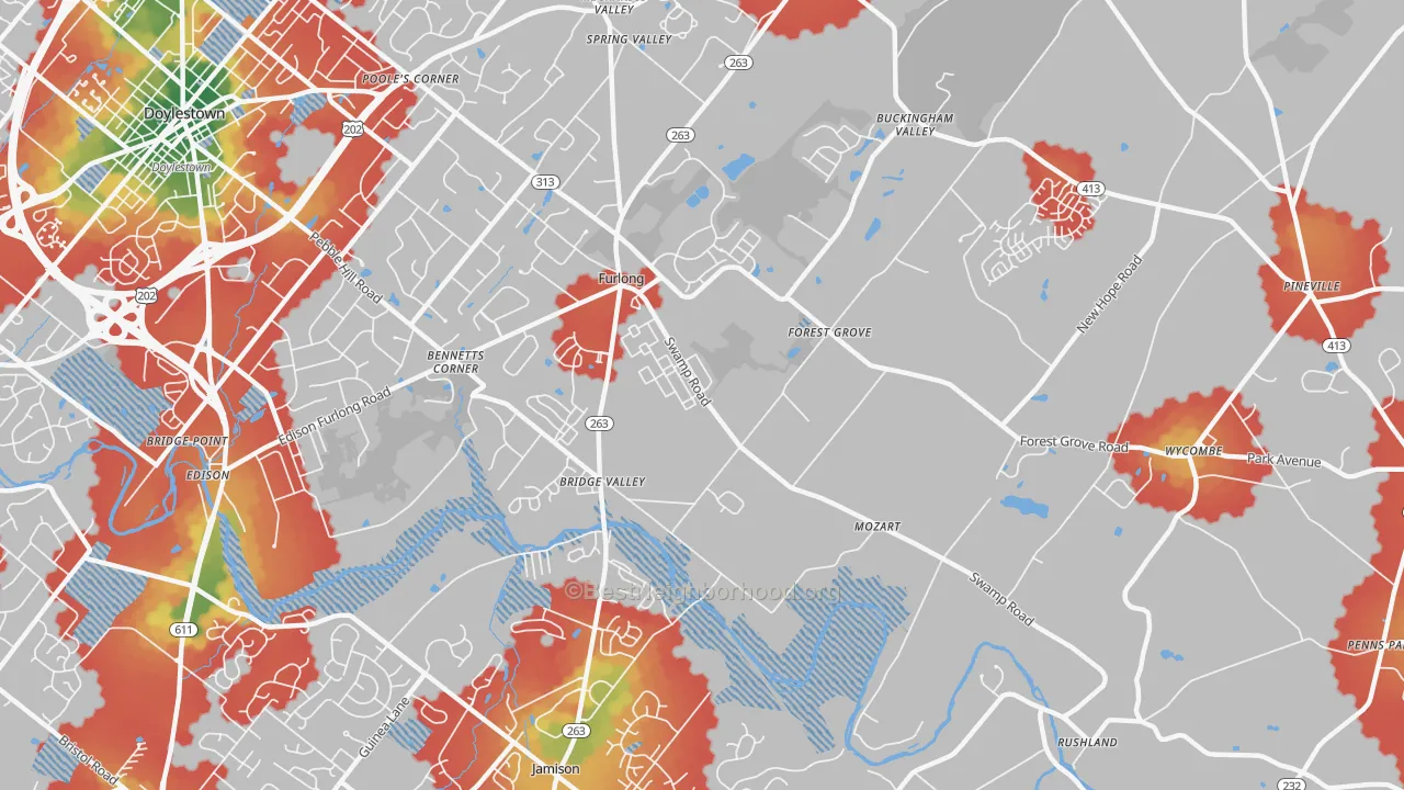 Walk Grade map of Furlong, PA, walkable areas in green and car-dependent areas in red